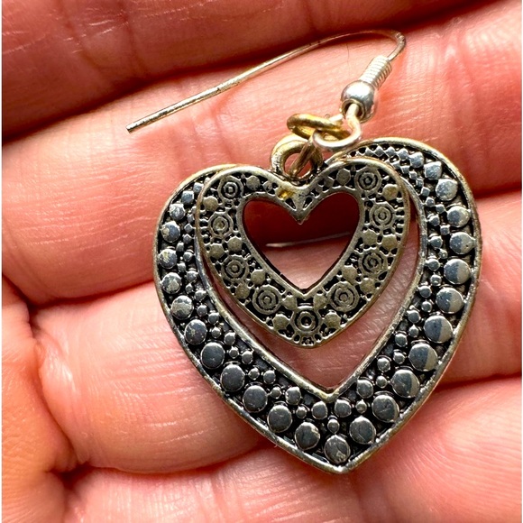 Womens Double Heart Silver Earrings Black Jewelry - Picture 4 of 6